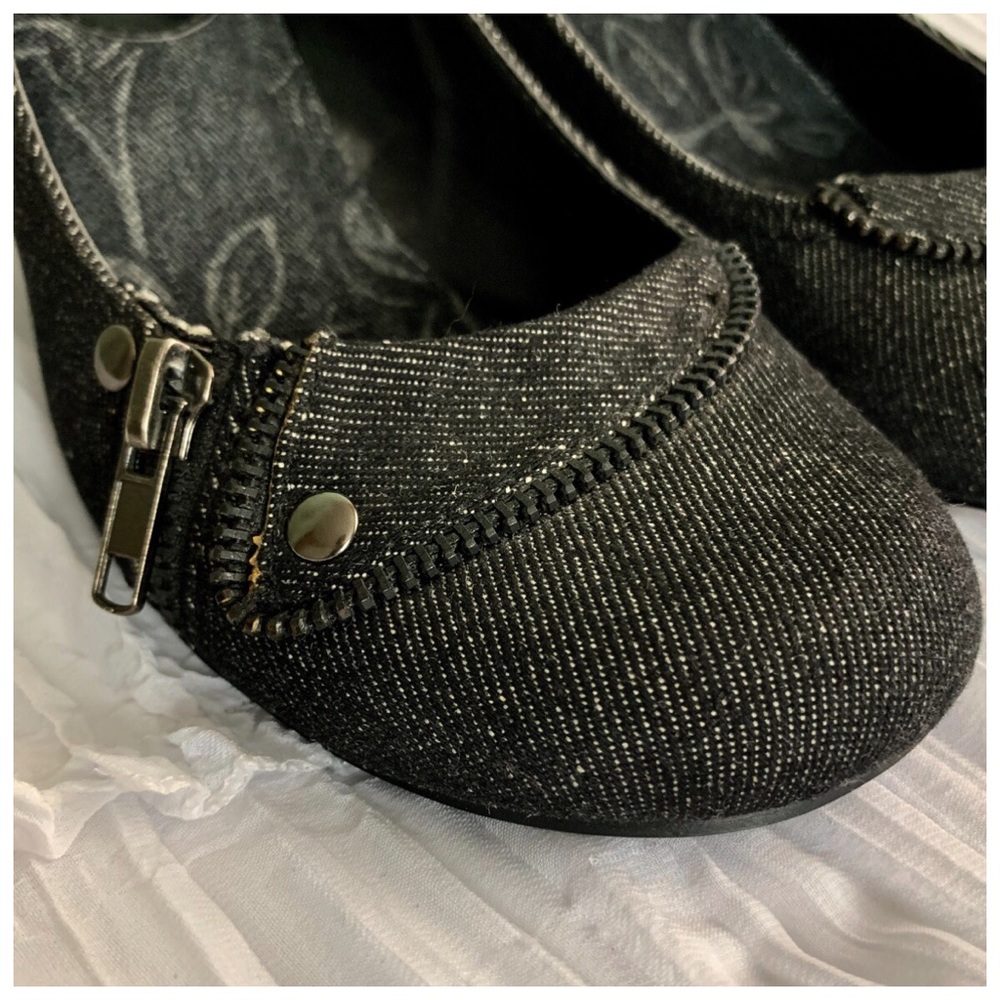 Black Denim Mary Jane Heel Pump Shoe Low Heel 7.5 - Picture 2 of 7